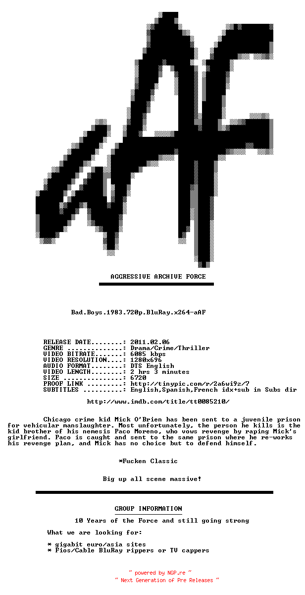 NFO for the release Bad.Boys.1983.720p.BluRay.x264-aAF by aAF