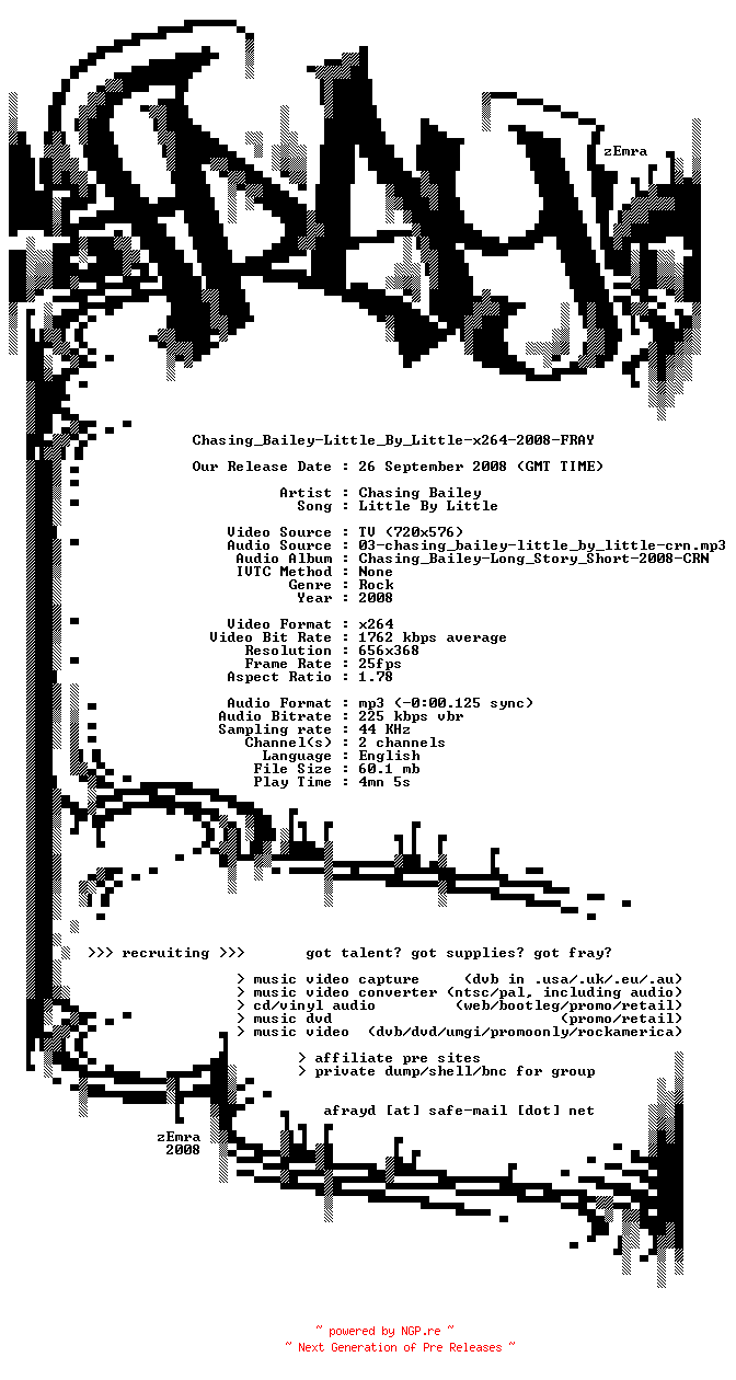 NFO for the release Chasing_Bailey-Little_By_Little-x264-2008-FRAY by FRAY