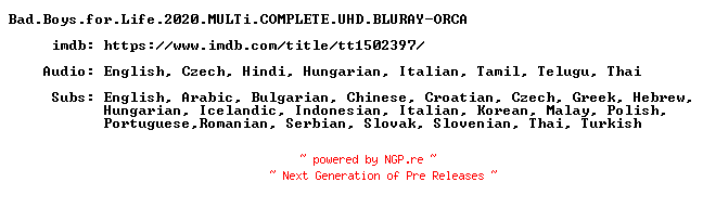 NFO for the release Bad.Boys.for.Life.2020.MULTi.COMPLETE.UHD.BLURAY-ORCA by ORCA