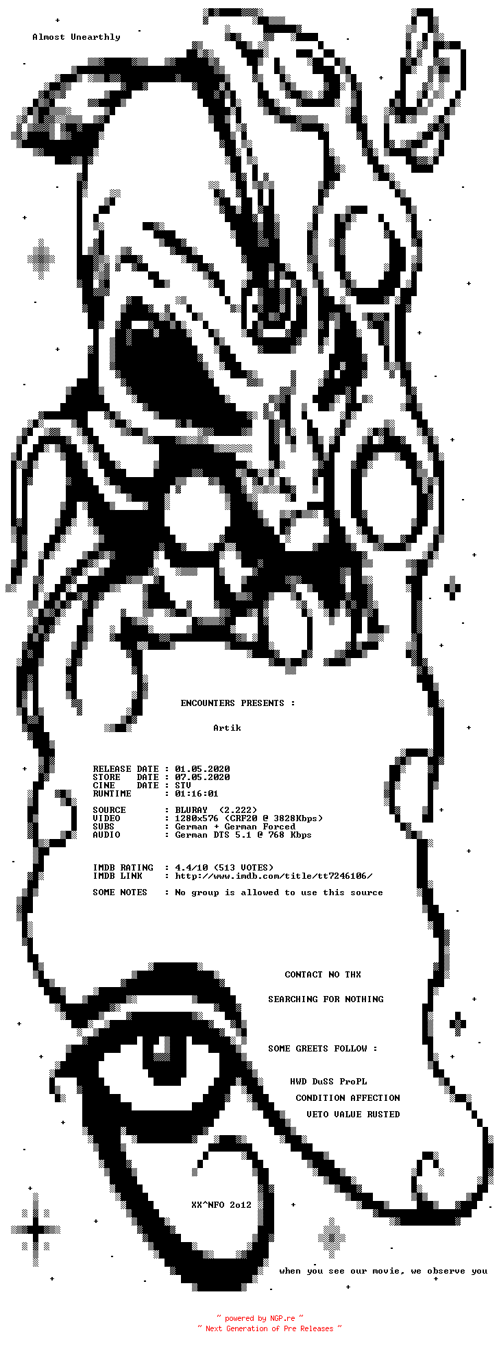 NFO for the release Artik.2019.German.720p.BluRay.x264-ENCOUNTERS by ENCOUNTERS