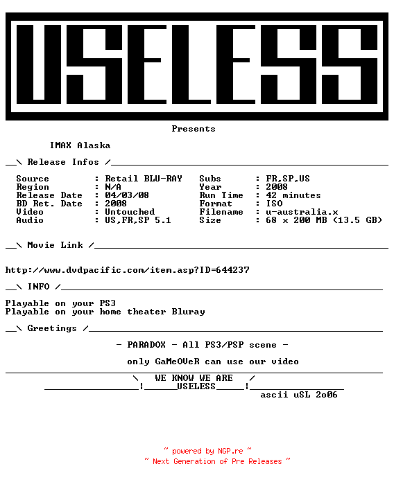 NFO for the release IMAX.Alaska.MULTI.BLURAY-USELESS by USELESS
