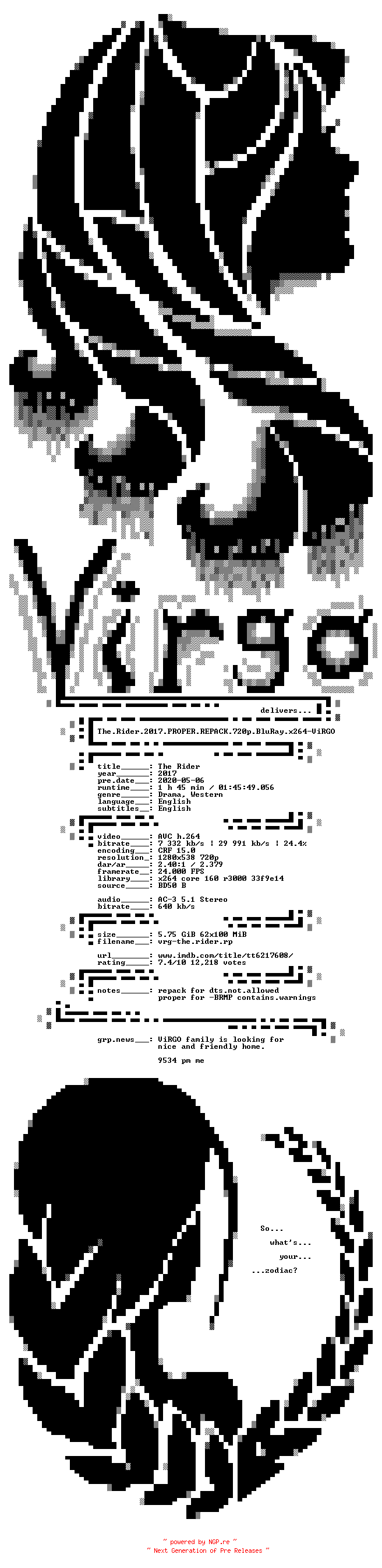 NFO for the release The.Rider.2017.PROPER.REPACK.720p.BluRay.x264-ViRGO by ViRGO