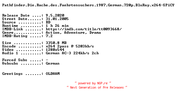 NFO for the release Pathfinder.Die.Rache.des.Faehrtensuchers.1987.German.720p.BluRay.x264-SPiCY by SPiCY