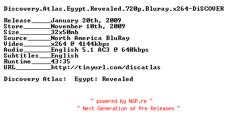 NFO for the release Discovery.Atlas.Egypt.Revealed.720p.Bluray.x264-DiSCOVER by DiSCOVER