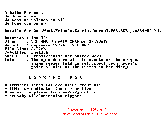 NFO for the release One.Week.Friends.Kaoris.Journal.E08.BDRip.x264-HAiKU by HAiKU