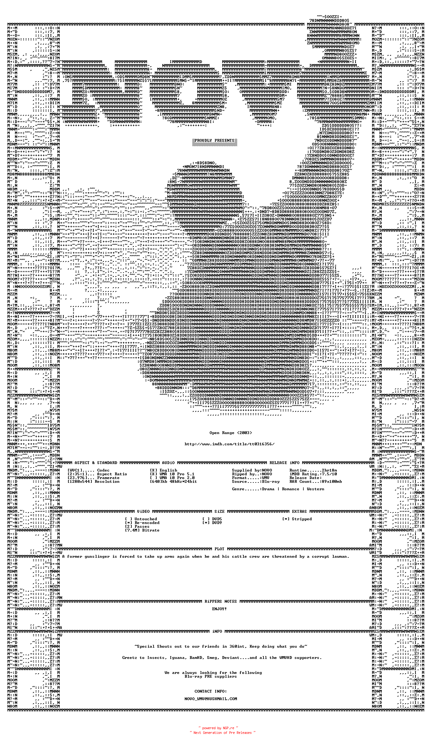 NFO for the release Open.Range.2003.Bluray.VC1.720P.5.1.WMV-NOVO by NOVO