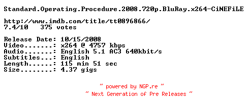 NFO for the release Standard.Operating.Procedure.2008.720p.BluRay.x264-CiNEFiLE by CiNEFiLE