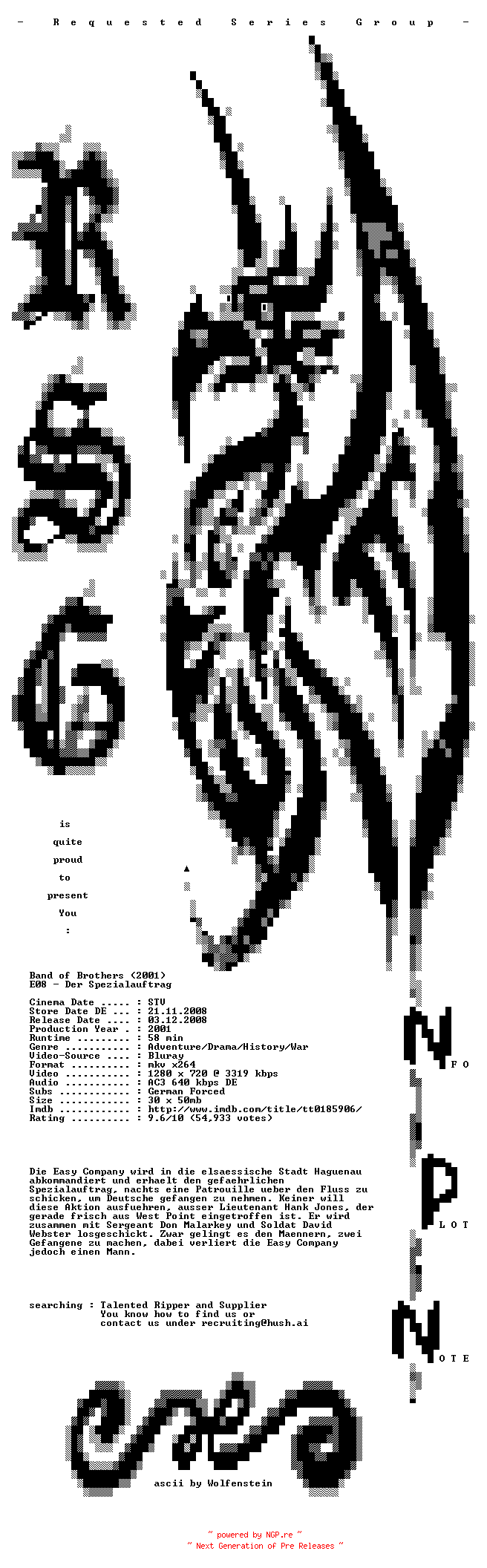 NFO for the release Band.of.Brothers.E08.Der.Spezialauftrag.German.720p.BluRay.x264-RSG by RSG