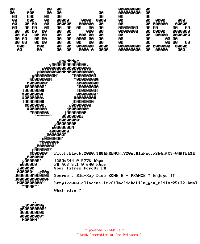 NFO for the release Pitch.Black.2000.TRUEFRENCH.720p.BluRay.x264.AC3-WHATELSE by WHATELSE