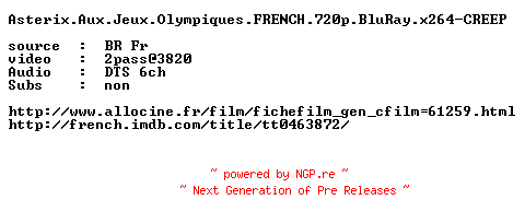 NFO for the release Asterix.Aux.Jeux.Olympiques.FRENCH.720p.BluRay.x264-CREEP by CREEP