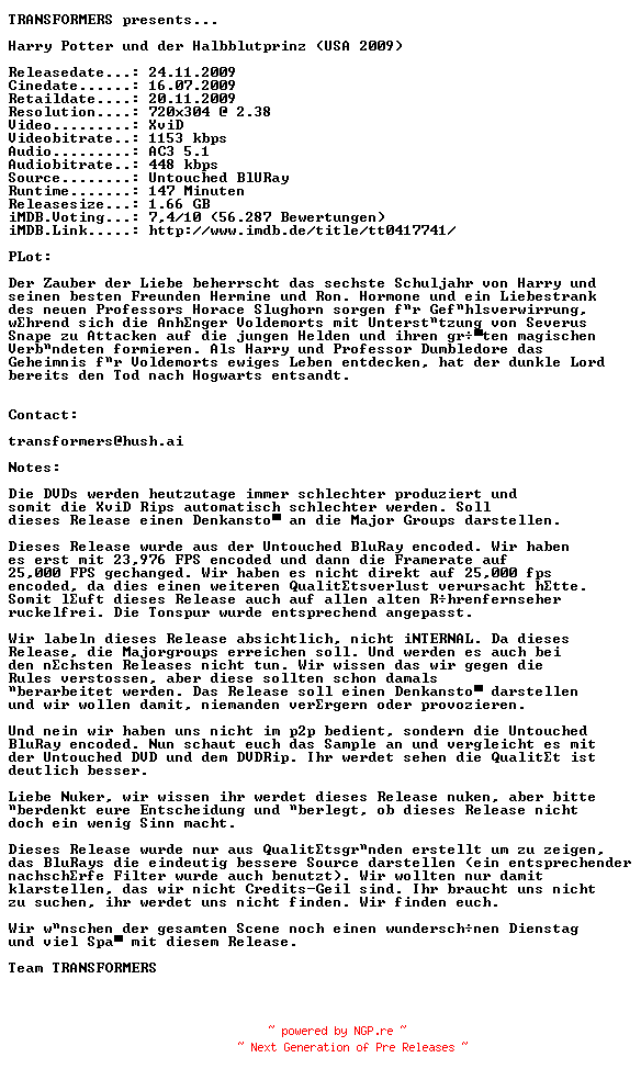 NFO for the release Harry.Potter.6.und.der.Halbblutprinz.German.AC3.BDRip.XviD.READ.NFO-TRANSFORMERS by TRANSFORMERS