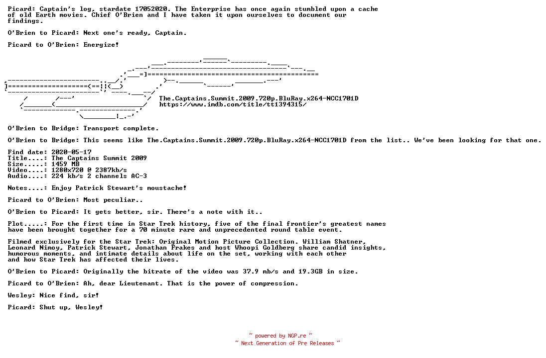 NFO for the release The.Captains.Summit.2009.720p.BluRay.x264-NCC1701D by NCC1701D