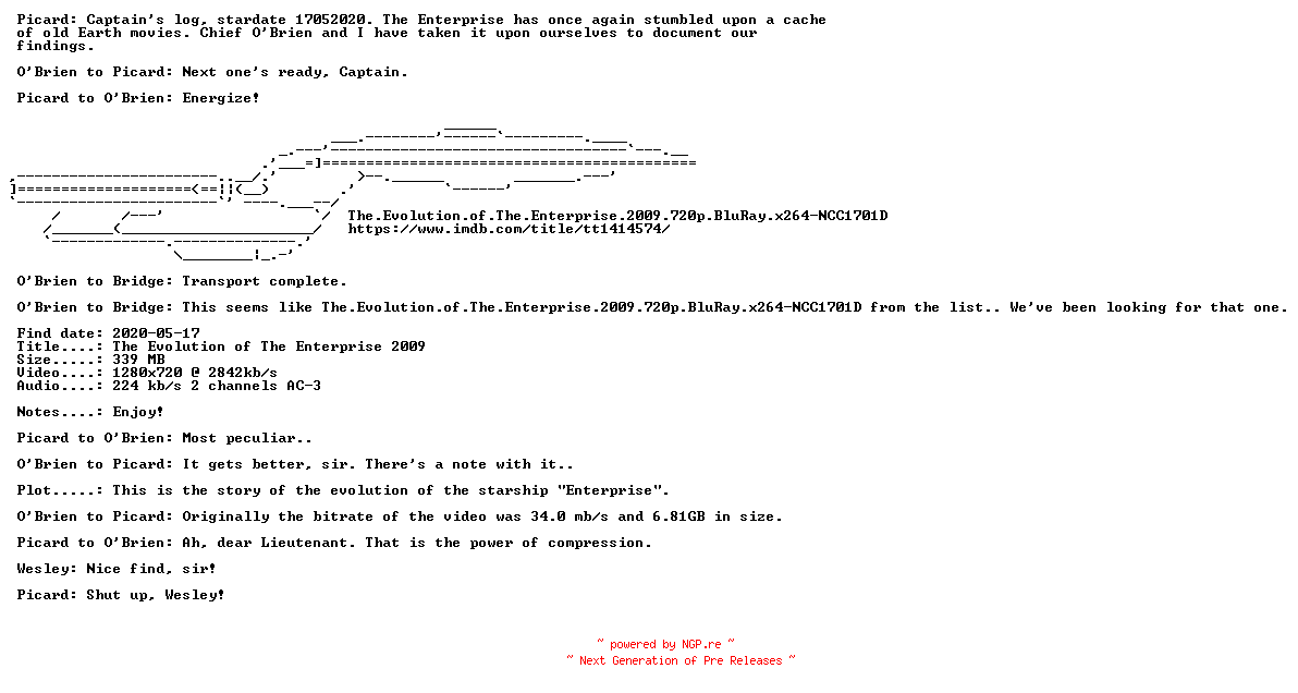 NFO for the release The.Evolution.of.The.Enterprise.2009.720p.BluRay.x264-NCC1701D by NCC1701D