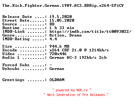 NFO for the release The.Kick.Fighter.German.1989.AC3.BDRip.x264-SPiCY by SPiCY