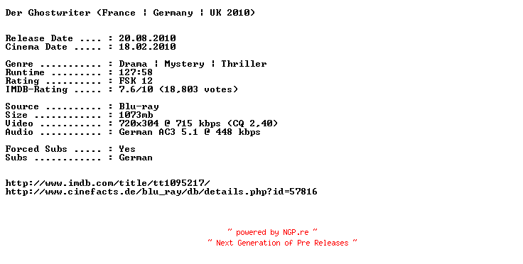 NFO for the release Der.Ghostwriter.German.AC3.BDRip.XviD-EXQUiSiTE by EXQUiSiTE