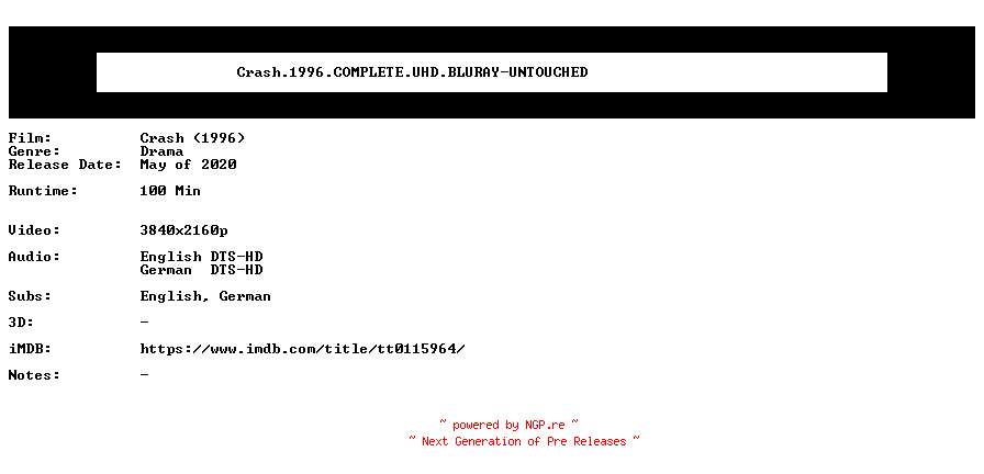 NFO for the release Crash.1996.COMPLETE.UHD.BLURAY-UNTOUCHED by UNTOUCHED