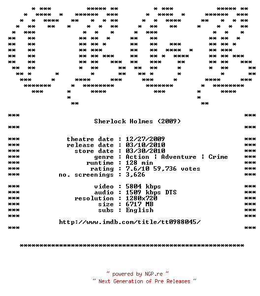 NFO for the release Sherlock.Holmes.720p.Bluray.x264-CBGB by CBGB