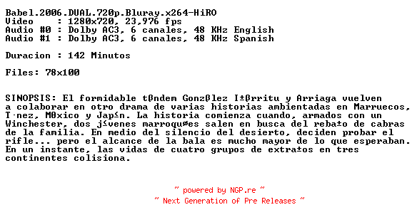 NFO for the release Babel.2006.DUAL.720p.Bluray.x264-HiRO by HiRO