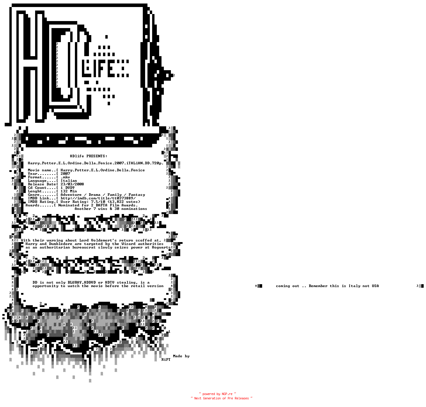 NFO for the release Harry.Potter.E.L.Ordine.Della.Fenice.2007.iTALiAN.DD.720p.BluRay.x264-HDlife by HDlife