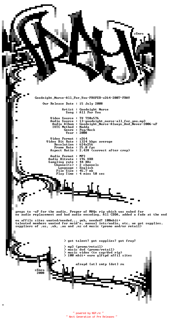 NFO for the release Goodnight_Nurse-All_For_You-PROPER-x264-2007-FRAY by FRAY