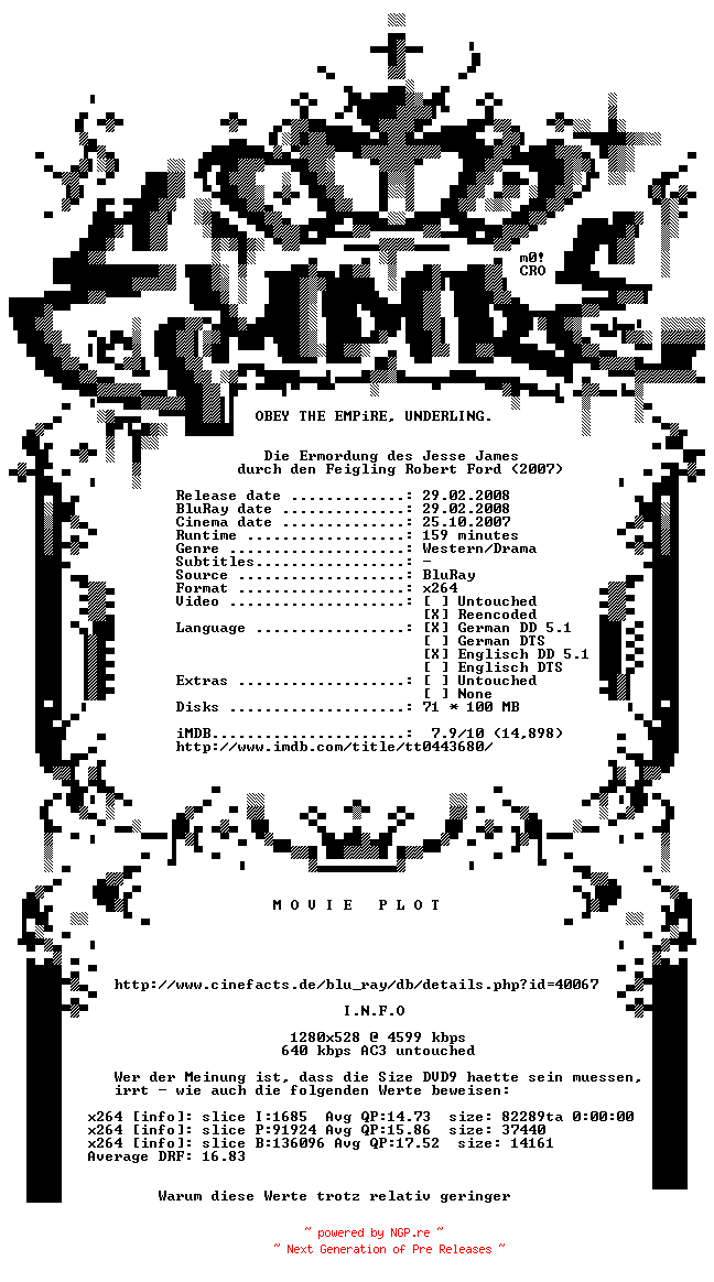 NFO for the release Die.Ermordung.des.Jesse.James.durch.den.Feigling.Robert.Ford.German.DL.720p.BluRay.x264-EmpireHD by EmpireHD