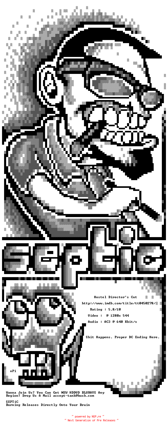 NFO for the release Hostel.Directors.Cut.2005.REPACK.720p.BluRay.x264-SEPTiC by SEPTiC
