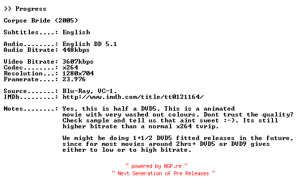 NFO for the release Corpse.Bride.2005.720p.BDRip.x264-PROGRESS by PROGRESS