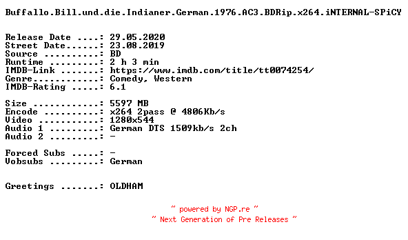 NFO for the release Buffallo.Bill.und.die.Indianer.1976.German.720p.BluRay.x264-SPiCY by SPiCY