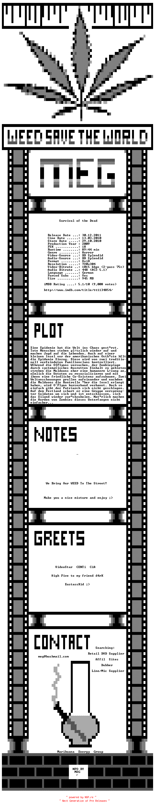 NFO for the release Survival.of.the.Dead.German.2009.AC3.BDRip.XViD.iNTERNAL-MEG by MEG
