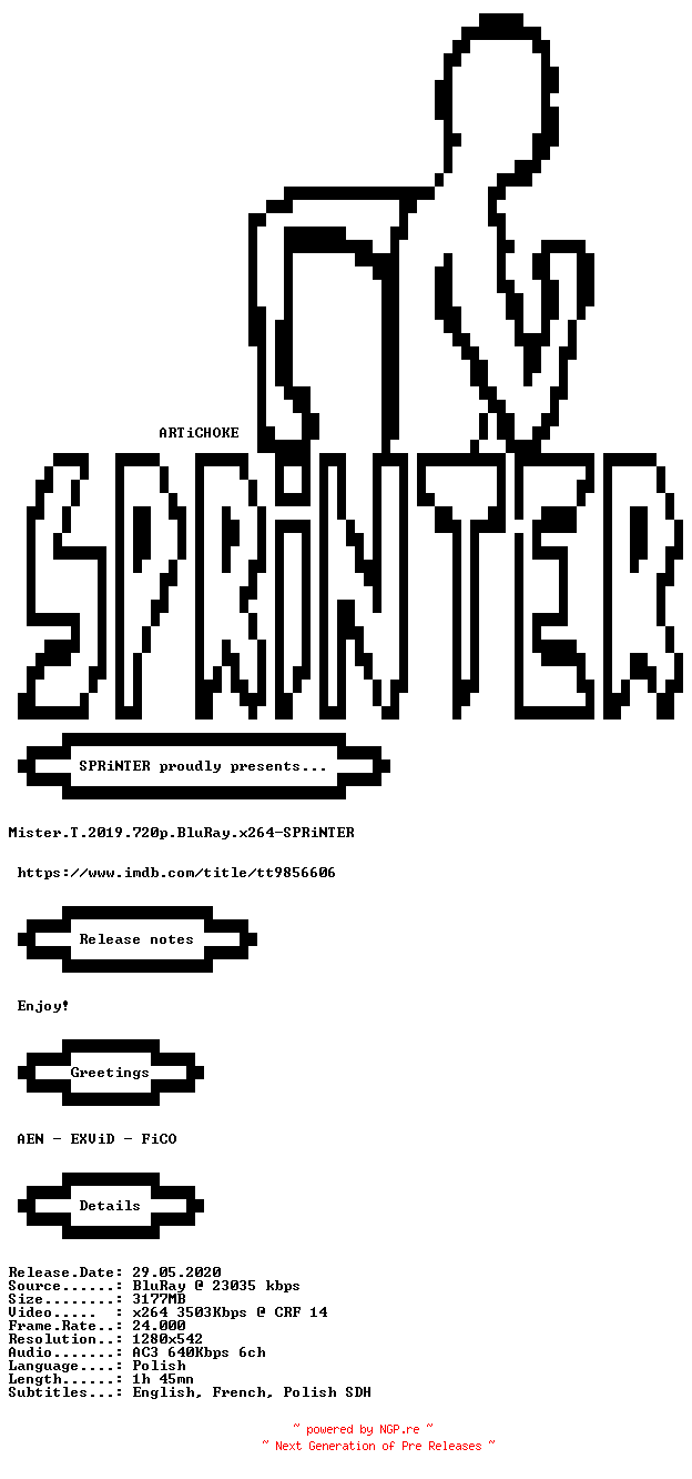NFO for the release Mister.T.2019.720p.BluRay.x264-SPRiNTER by SPRiNTER
