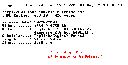 NFO for the release Dragon.Ball.Z.Lord.Slug.1991.720p.BluRay.x264-CiNEFiLE by CiNEFiLE