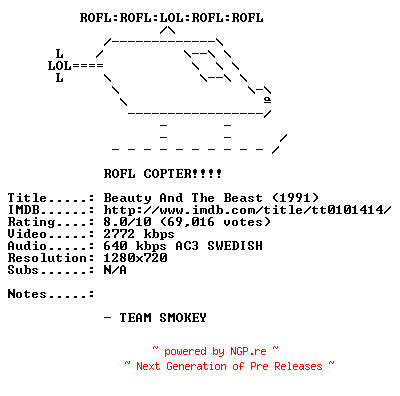 NFO for the release Beauty.And.The.Beast.1991.SWEDISH.720p.BluRay.x264-SMOKEY by SMOKEY