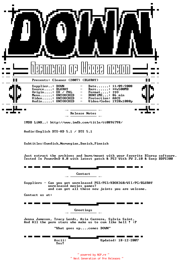 NFO for the release Cleaner.2007.NORDiC.BLURAY-DOWN by DOWN