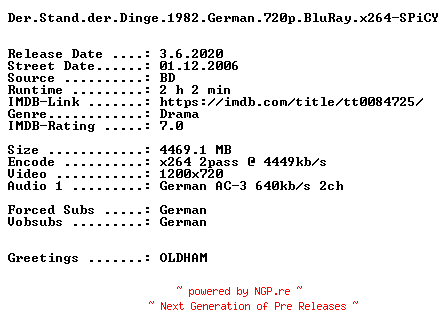 NFO for the release Der.Stand.der.Dinge.1982.German.720p.BluRay.x264-SPiCY by SPiCY
