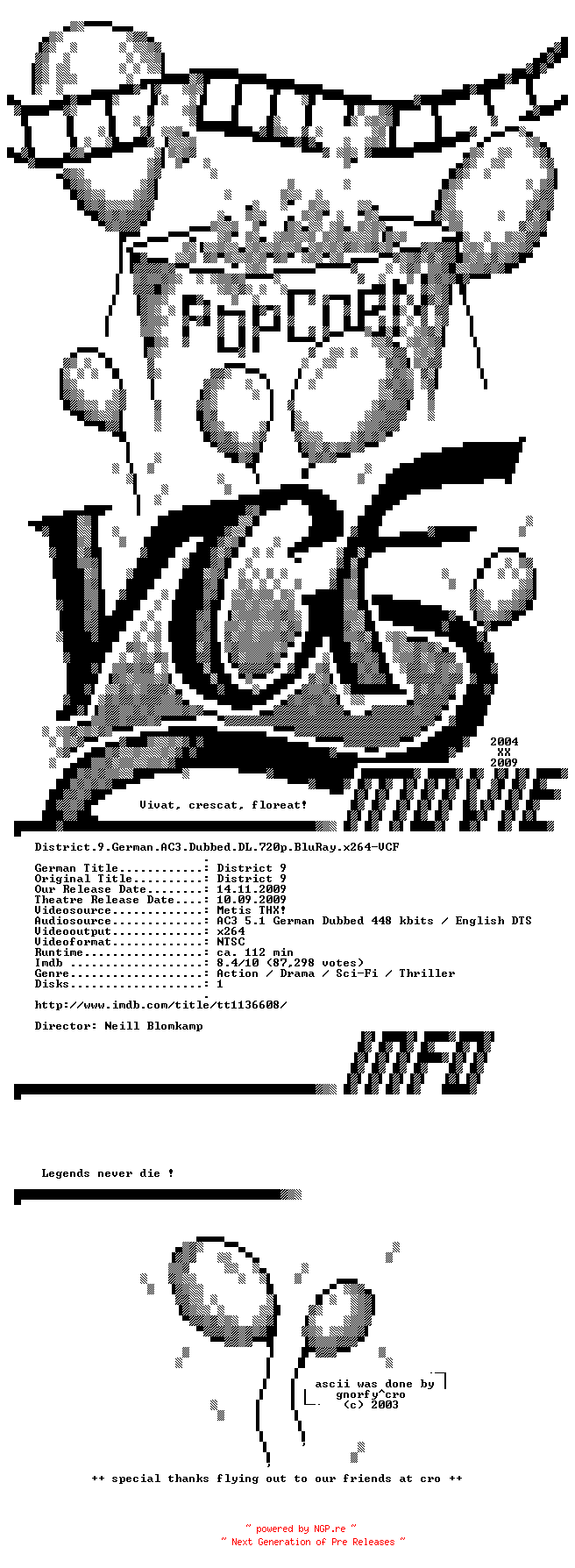 NFO for the release District.9.German.AC3.Dubbed.DL.720p.BluRay.x264-VCF by VCF