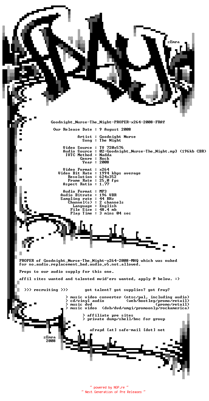 NFO for the release Goodnight_Nurse-The_Night-PROPER-x264-2008-FRAY by FRAY