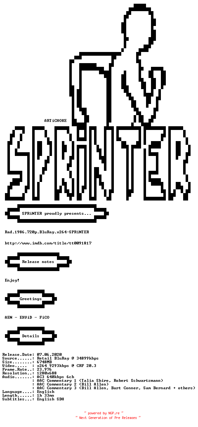 NFO for the release Rad.1986.720p.BluRay.x264-SPRiNTER by SPRiNTER