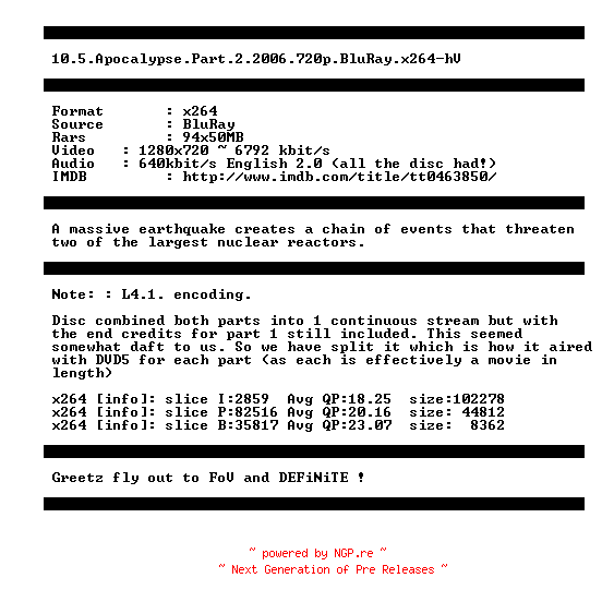 NFO for the release 10.5.Apocalypse.Part.2.2006.720p.BluRay.x264-hV by hV