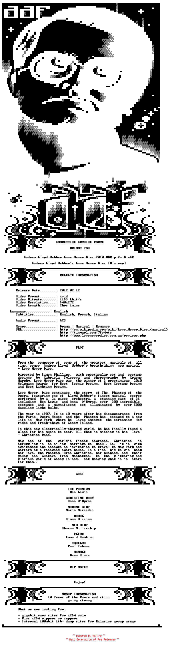 NFO for the release Andrew.Lloyd.Webbers.Love.Never.Dies.2010.BDRip.XviD-aAF by aAF