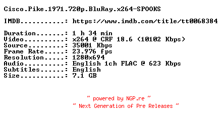NFO for the release Cisco.Pike.1971.720p.BluRay.x264-SPOOKS by SPOOKS