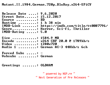NFO for the release Mutant.II.1984.German.720p.BluRay.x264-SPiCY by SPiCY