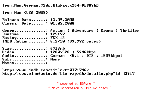 NFO for the release Iron.Man.German.720p.BluRay.x264-DEFUSED by DEFUSED