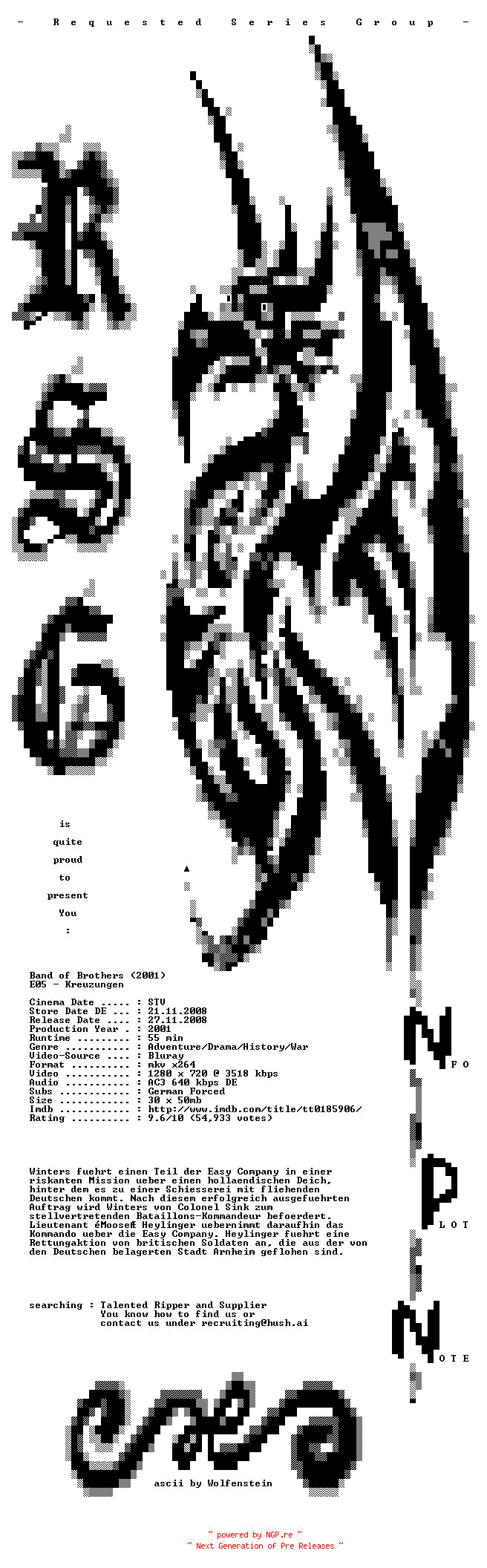 NFO for the release Band.of.Brothers.E05.Kreuzungen.German.720p.BluRay.x264-RSG by RSG
