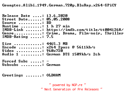 NFO for the release Gewagtes.Alibi.1949.German.720p.BluRay.x264-SPiCY by SPiCY