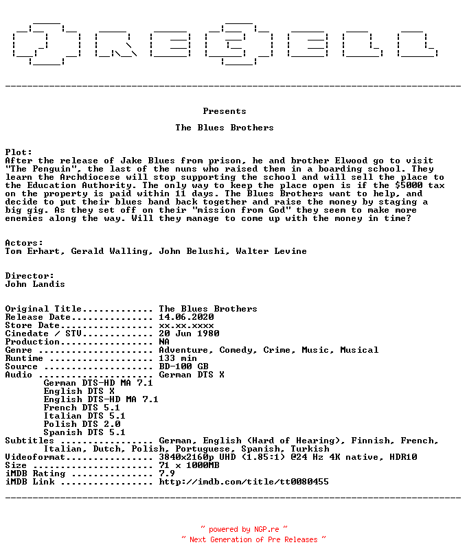 NFO for the release The.Blues.Brothers.1980.MULTi.COMPLETE.UHD.BLURAY-PRECELL by PRECELL