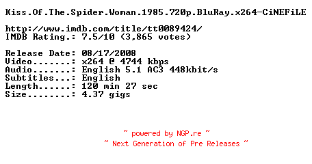 NFO for the release Kiss.Of.The.Spider.Woman.1985.720p.BluRay.x264-CiNEFiLE by CiNEFiLE