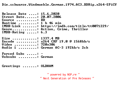 NFO for the release Die.schwarze.Windmuehle.German.1974.AC3.BDRip.x264-SPiCY by SPiCY