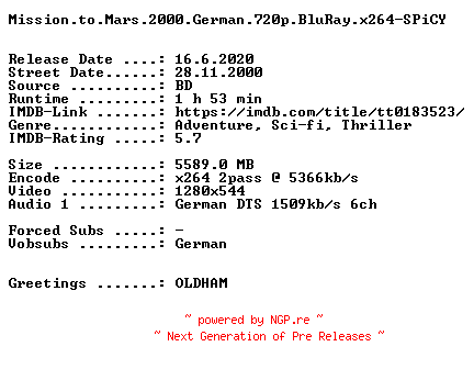 NFO for the release Mission.to.Mars.2000.German.720p.BluRay.x264-SPiCY by SPiCY