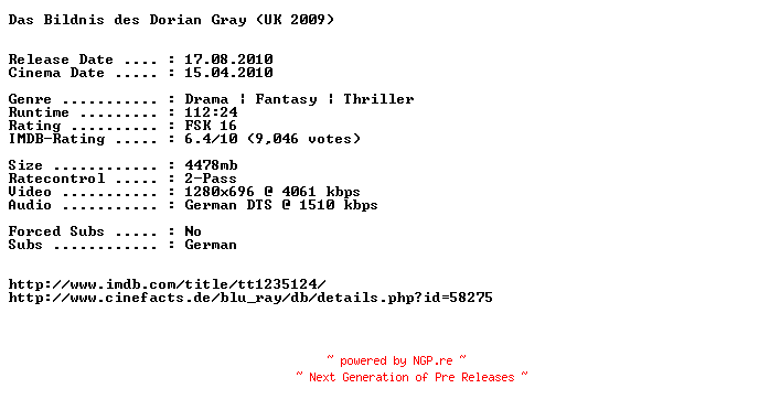 NFO for the release Das.Bildnis.des.Dorian.Gray.German.720p.BluRay.x264-EXQUiSiTE by EXQUiSiTE