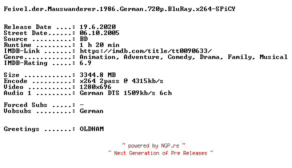 NFO for the release Feivel.der.Mauswanderer.1986.German.720p.BluRay.x264-SPiCY by SPiCY